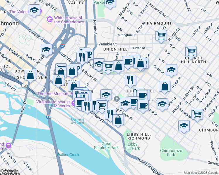 map of restaurants, bars, coffee shops, grocery stores, and more near 2208 East Broad Street in Richmond