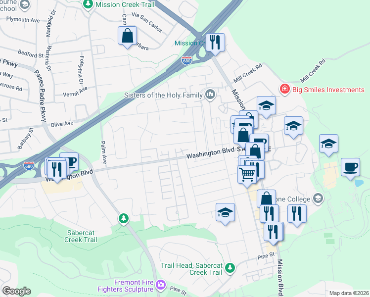 map of restaurants, bars, coffee shops, grocery stores, and more near 493 Washington Boulevard in Fremont