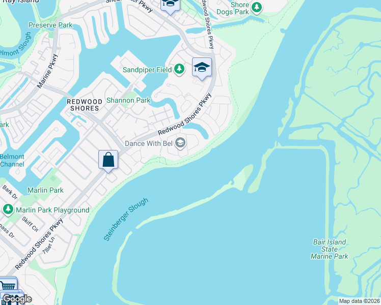 map of restaurants, bars, coffee shops, grocery stores, and more near 33 Waterside Circle in Redwood City