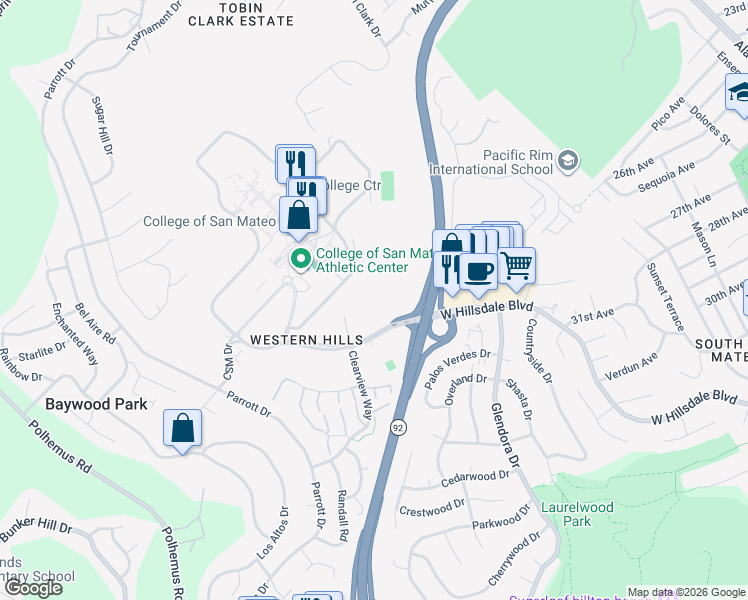 map of restaurants, bars, coffee shops, grocery stores, and more near 3125 Clearview Way in San Mateo