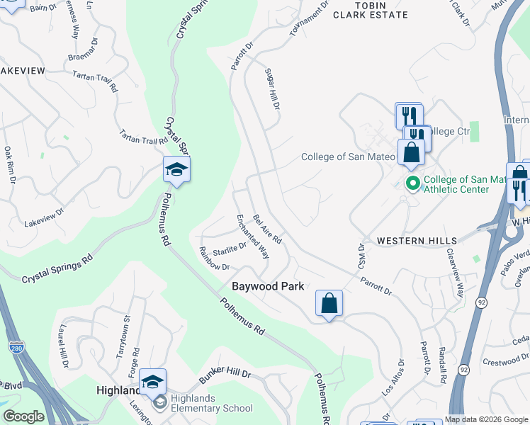map of restaurants, bars, coffee shops, grocery stores, and more near 1360 Parrott Drive in San Mateo