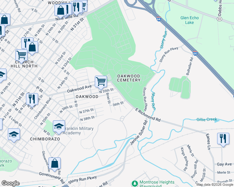 map of restaurants, bars, coffee shops, grocery stores, and more near 3506 East Richmond Road in Richmond