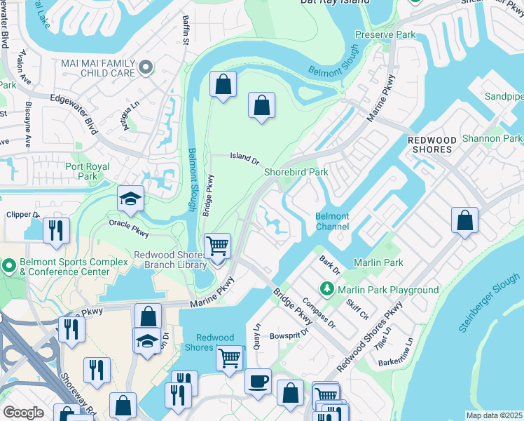 map of restaurants, bars, coffee shops, grocery stores, and more near 203 Shorebird Circle in Redwood City