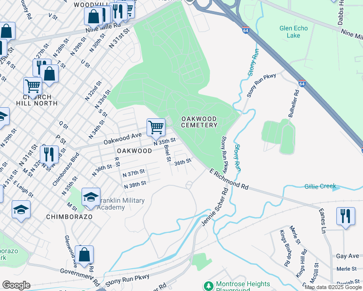 map of restaurants, bars, coffee shops, grocery stores, and more near 3506 East Richmond Road in Richmond