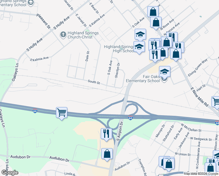 map of restaurants, bars, coffee shops, grocery stores, and more near 609 South Street in Highland Springs