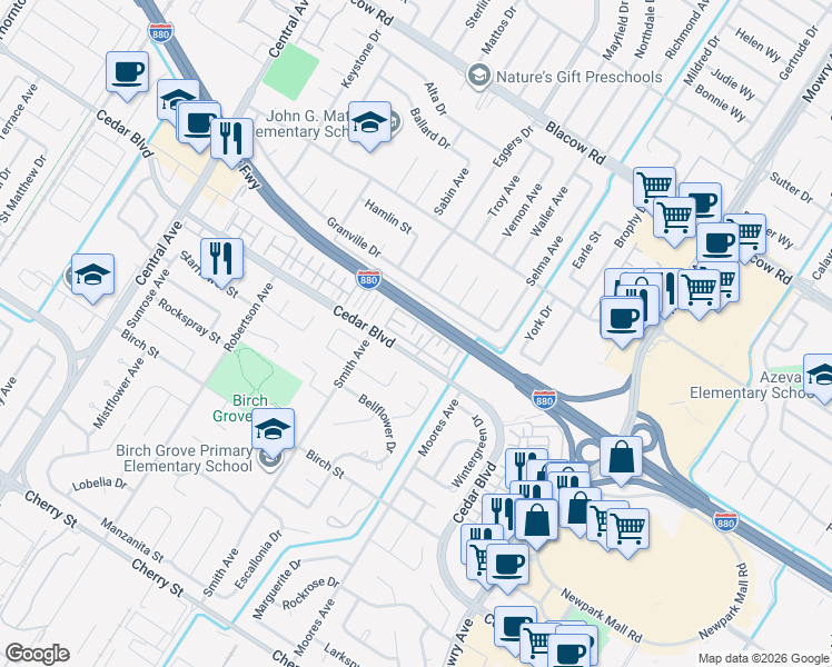 map of restaurants, bars, coffee shops, grocery stores, and more near 38478 Cedar Boulevard in Newark