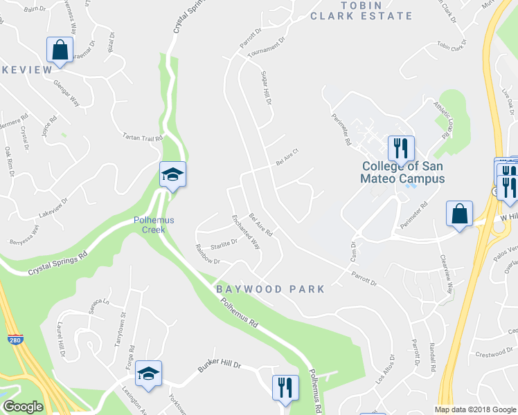 map of restaurants, bars, coffee shops, grocery stores, and more near 1360 Parrott Drive in San Mateo