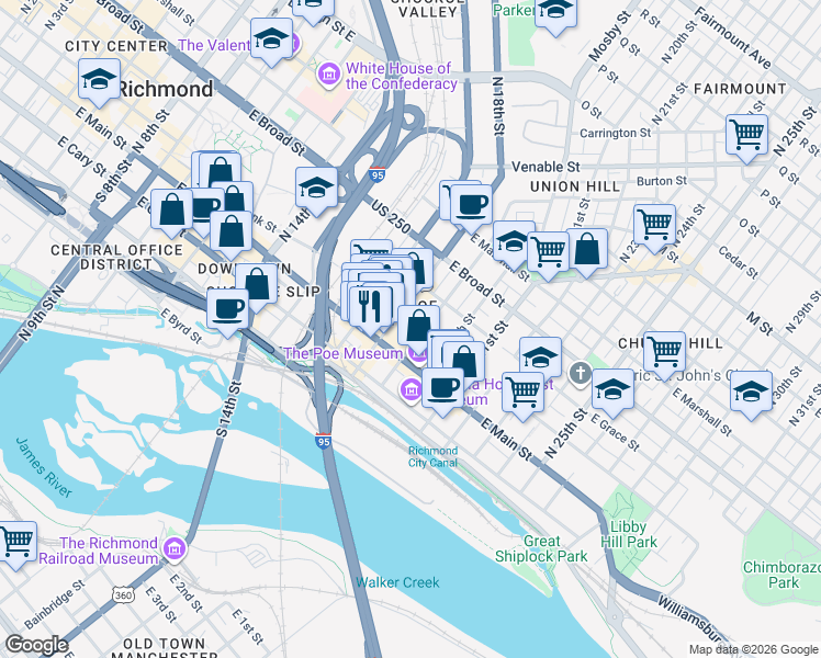 map of restaurants, bars, coffee shops, grocery stores, and more near 1812 East Main Street in Richmond