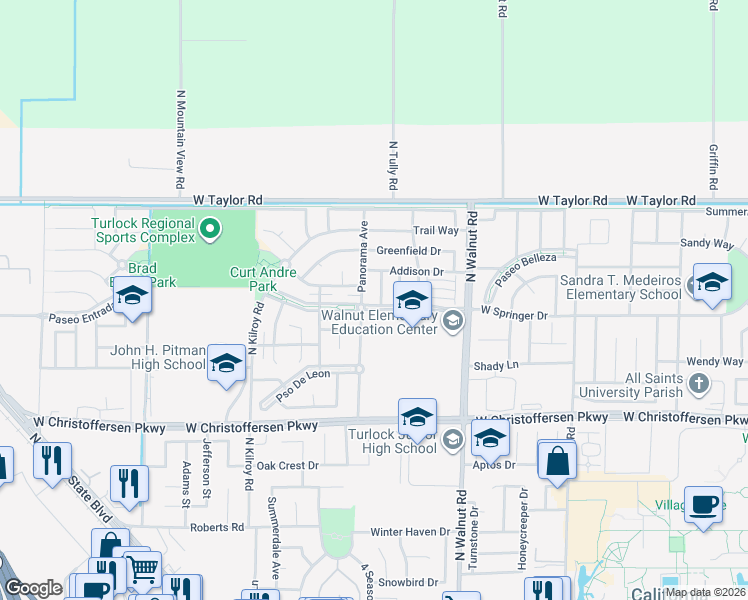 map of restaurants, bars, coffee shops, grocery stores, and more near 2300 Paseo Del Sol in Turlock