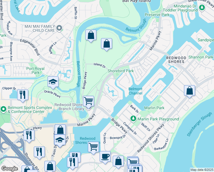 map of restaurants, bars, coffee shops, grocery stores, and more near 206 Shorebird Circle in Redwood City