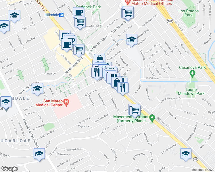 map of restaurants, bars, coffee shops, grocery stores, and more near 3806 South El Camino Real in San Mateo