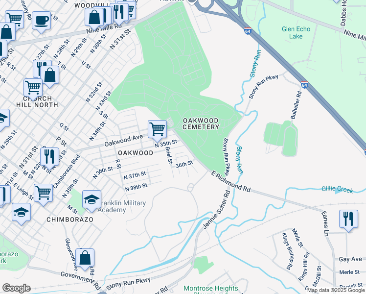 map of restaurants, bars, coffee shops, grocery stores, and more near 3506 East Richmond Road in Richmond