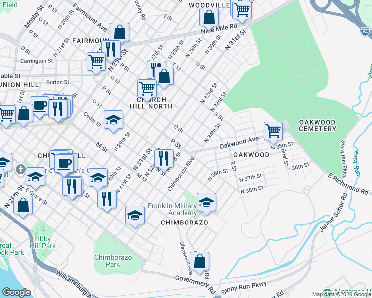 map of restaurants, bars, coffee shops, grocery stores, and more near 921 North 33rd Street in Richmond