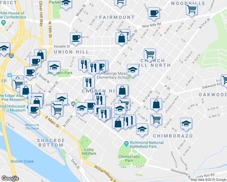 map of restaurants, bars, coffee shops, grocery stores, and more near 608 North 28th Street in Richmond