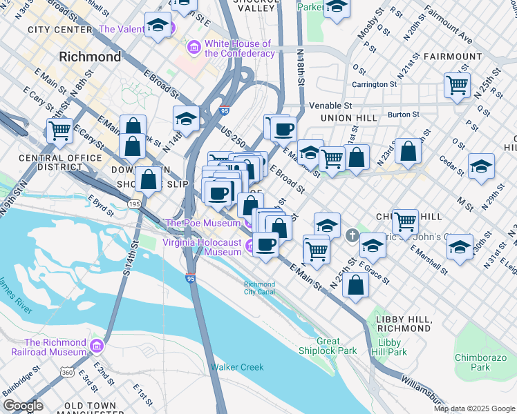 map of restaurants, bars, coffee shops, grocery stores, and more near 1900 East Franklin Street in Richmond