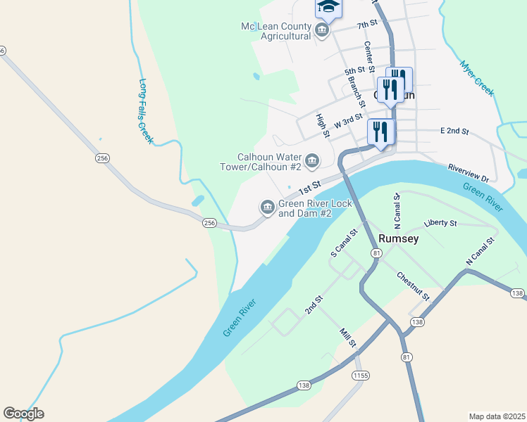 map of restaurants, bars, coffee shops, grocery stores, and more near 687 1st Street in Calhoun