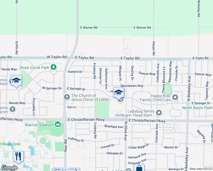 map of restaurants, bars, coffee shops, grocery stores, and more near 601 Moonbeam Way in Turlock