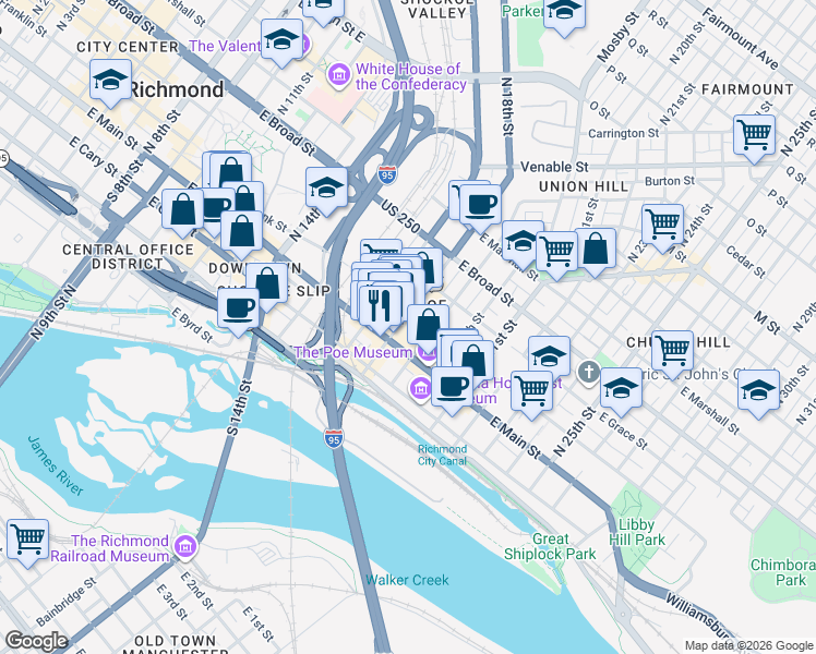 map of restaurants, bars, coffee shops, grocery stores, and more near 1810 East Main Street in Richmond