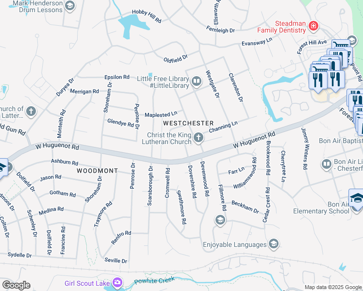 map of restaurants, bars, coffee shops, grocery stores, and more near 9901 Channing Lane in Richmond