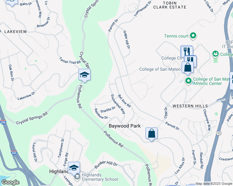 map of restaurants, bars, coffee shops, grocery stores, and more near 1342 Bel Aire Road in San Mateo