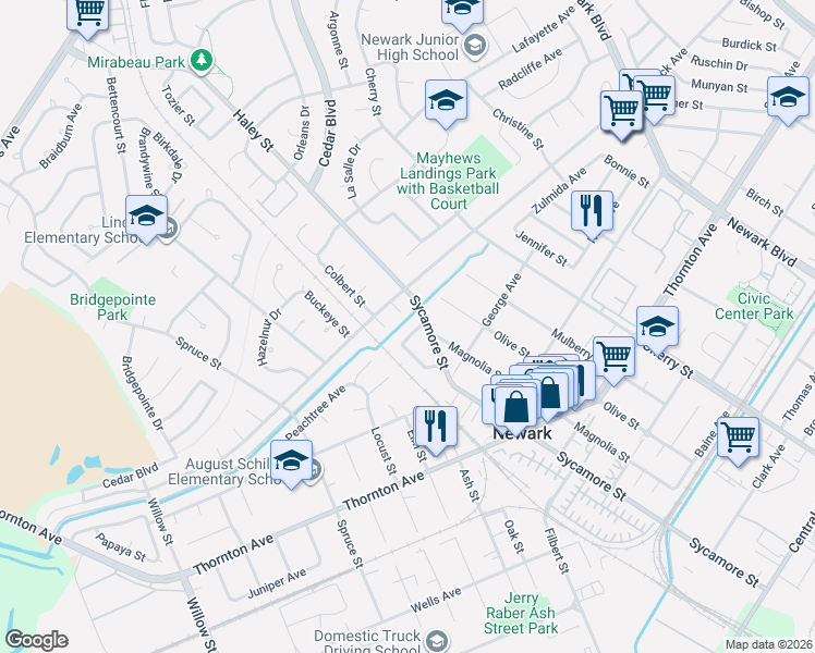 map of restaurants, bars, coffee shops, grocery stores, and more near 36569 Beutke Drive in Newark