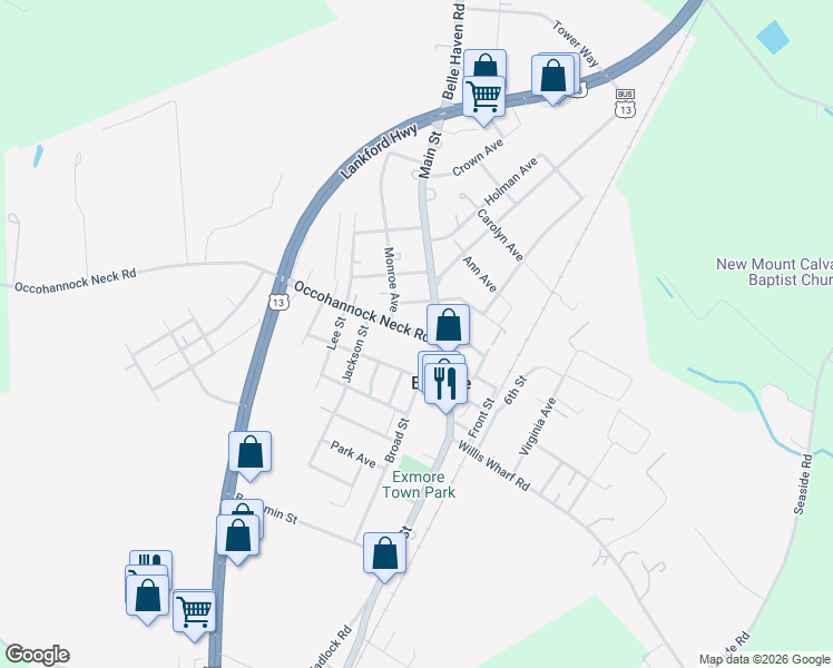 map of restaurants, bars, coffee shops, grocery stores, and more near 11624 Occohannock Neck Road in Exmore