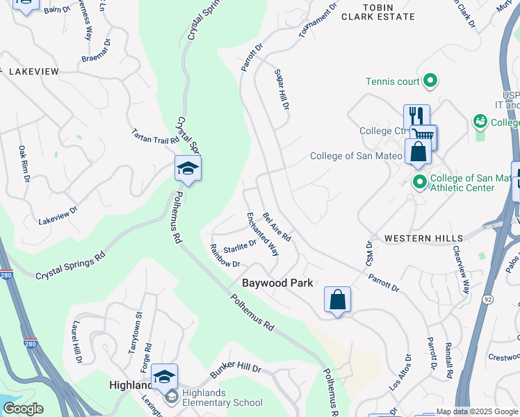 map of restaurants, bars, coffee shops, grocery stores, and more near 1342 Bel Aire Road in San Mateo