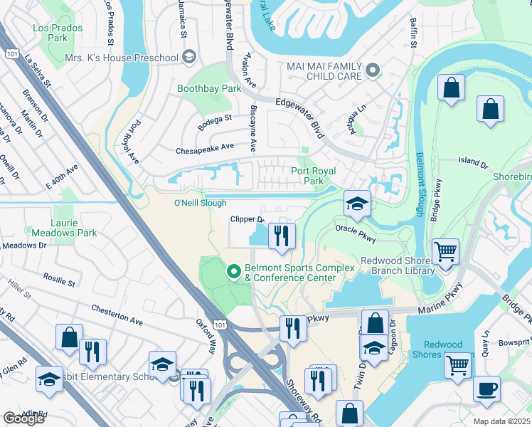 map of restaurants, bars, coffee shops, grocery stores, and more near 321 Treasure Island Drive in Belmont