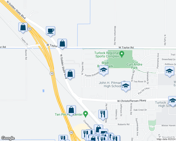 map of restaurants, bars, coffee shops, grocery stores, and more near 3044 White Oak Court in Turlock