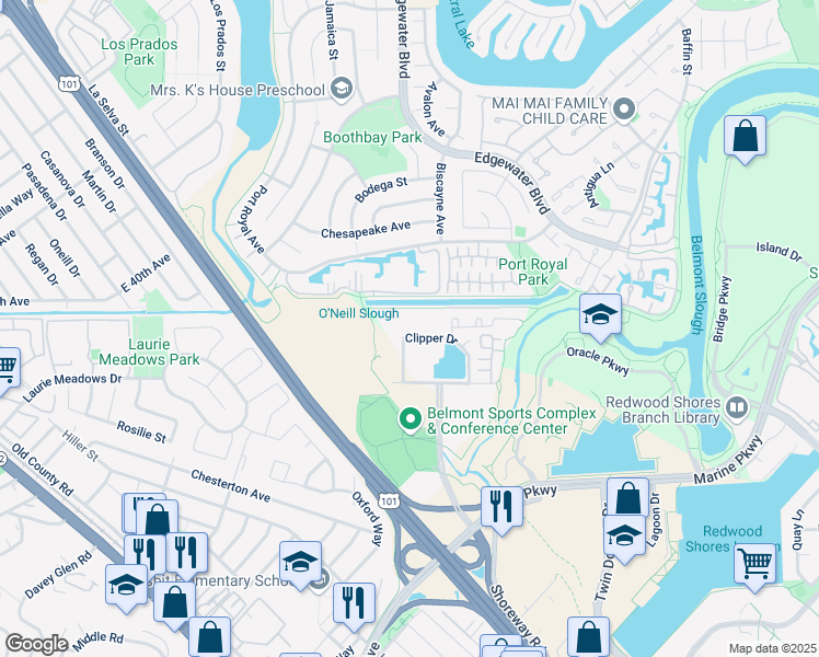 map of restaurants, bars, coffee shops, grocery stores, and more near 600 Clipper Drive in Belmont