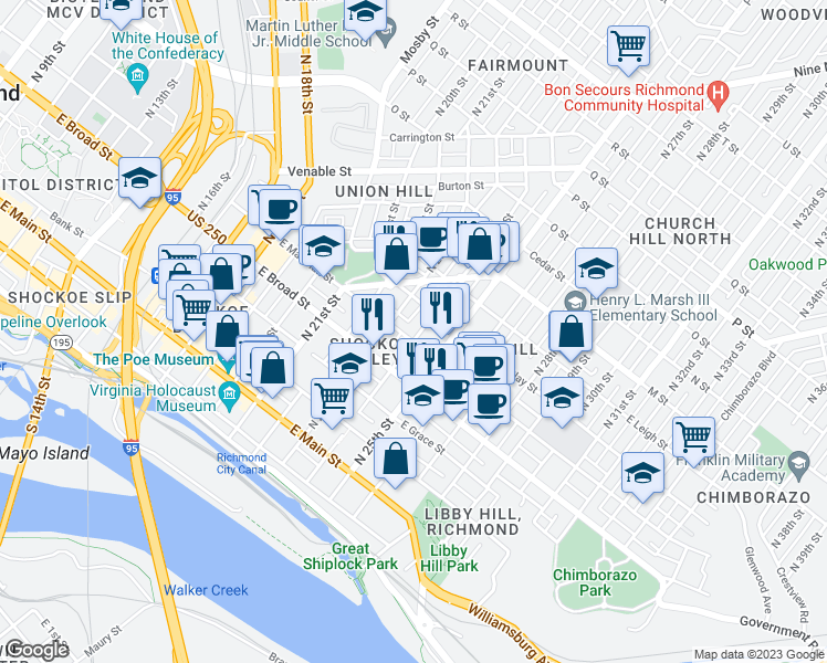 map of restaurants, bars, coffee shops, grocery stores, and more near 2322 East Marshall Street in Richmond