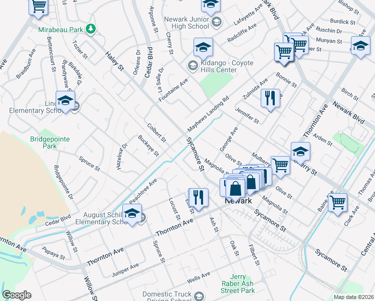 map of restaurants, bars, coffee shops, grocery stores, and more near 36563 Beutke Drive in Newark