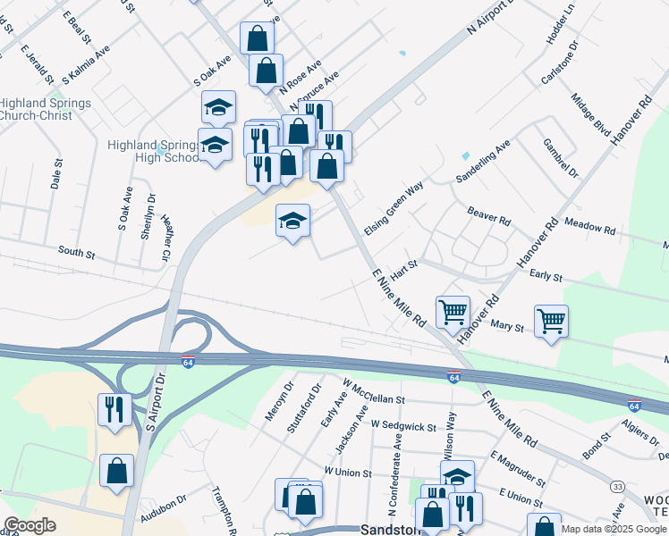 map of restaurants, bars, coffee shops, grocery stores, and more near 1607 Gatewood Avenue in Highland Springs