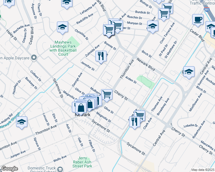 map of restaurants, bars, coffee shops, grocery stores, and more near 36880 Cherry Street in Newark