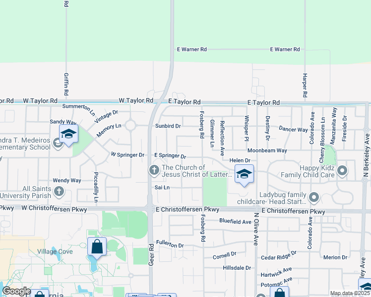 map of restaurants, bars, coffee shops, grocery stores, and more near 347 East Springer Drive in Turlock
