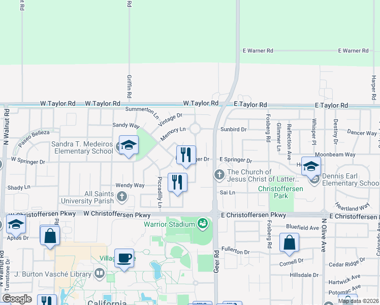 map of restaurants, bars, coffee shops, grocery stores, and more near 197 West Springer Drive in Turlock