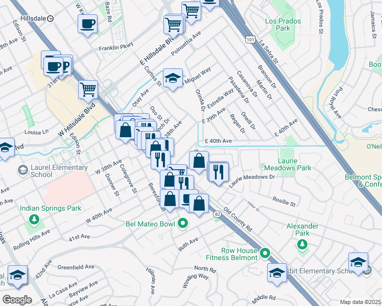 map of restaurants, bars, coffee shops, grocery stores, and more near 36 East 40th Avenue in San Mateo