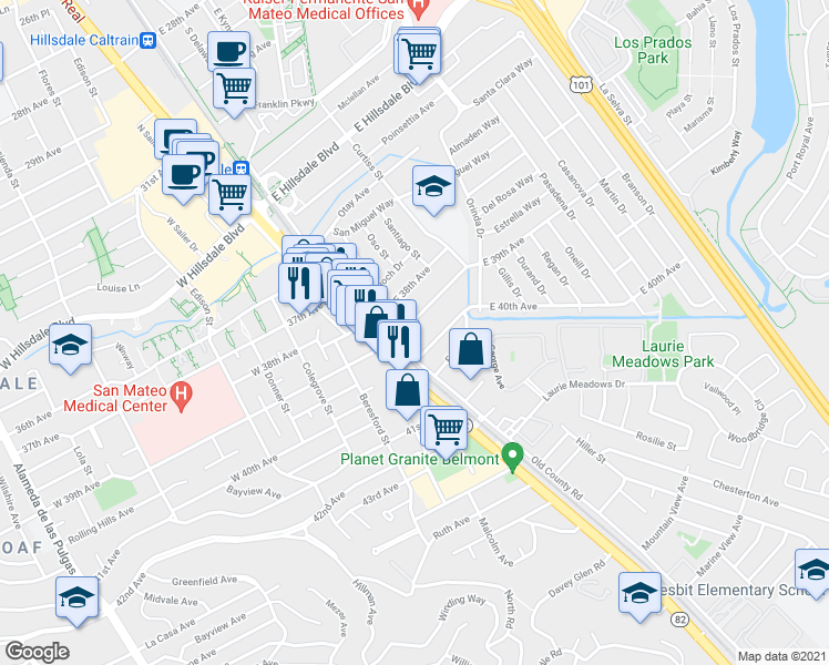 map of restaurants, bars, coffee shops, grocery stores, and more near 3925 South El Camino Real in San Mateo