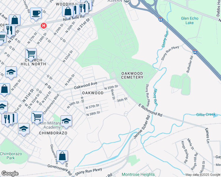 map of restaurants, bars, coffee shops, grocery stores, and more near 3512 Briel Street in Richmond