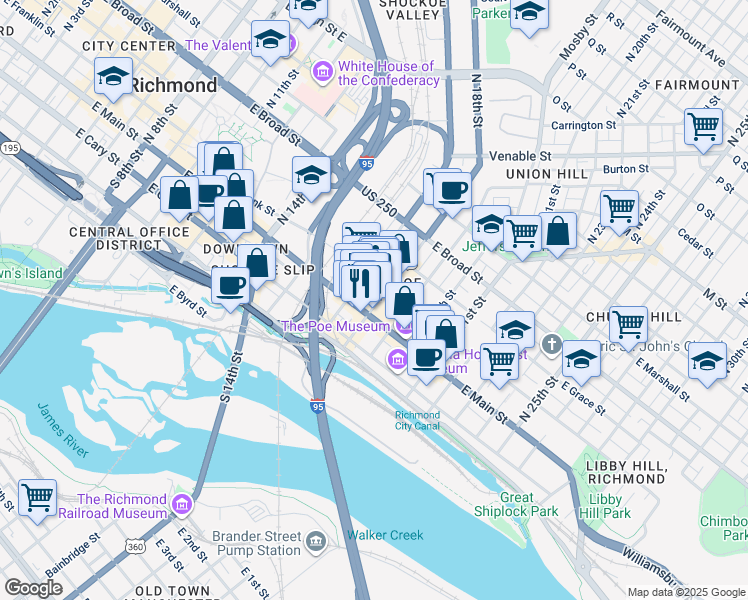 map of restaurants, bars, coffee shops, grocery stores, and more near 1810 East Main Street in Richmond