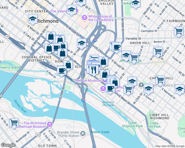 map of restaurants, bars, coffee shops, grocery stores, and more near 1711 East Main Street in Richmond