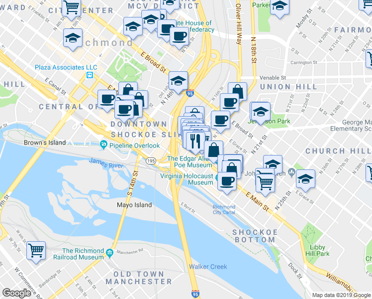 map of restaurants, bars, coffee shops, grocery stores, and more near 1711 East Main Street in Richmond