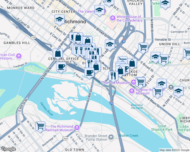 map of restaurants, bars, coffee shops, grocery stores, and more near 200 South 14th Street in Richmond