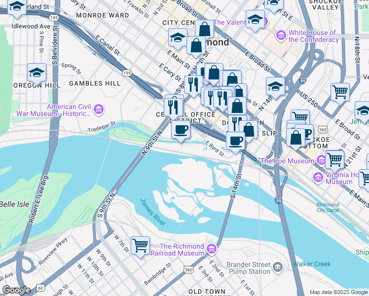 map of restaurants, bars, coffee shops, grocery stores, and more near 1001 Haxall Point in Richmond