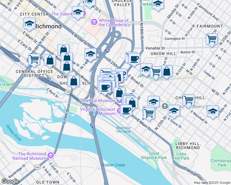 map of restaurants, bars, coffee shops, grocery stores, and more near 1807 East Franklin Street in Richmond