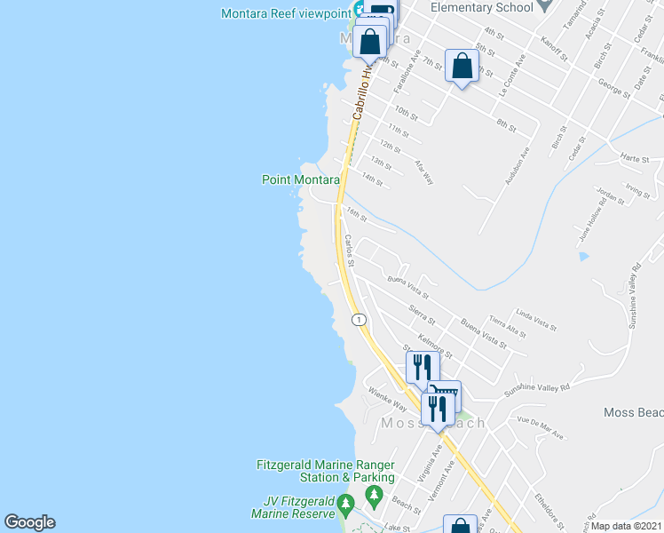 map of restaurants, bars, coffee shops, grocery stores, and more near 2000 Vallemar Street in Moss Beach