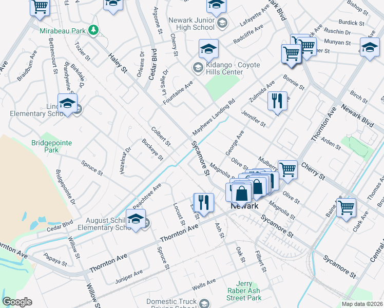map of restaurants, bars, coffee shops, grocery stores, and more near 36563 Beutke Drive in Newark