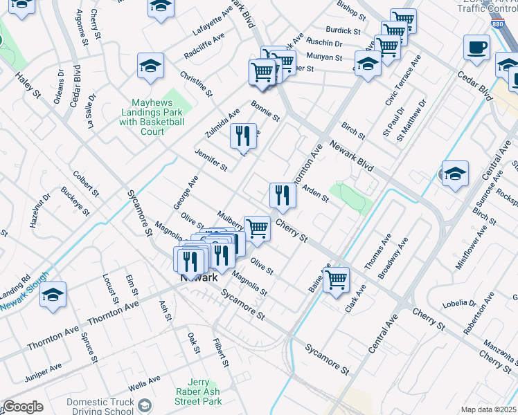 map of restaurants, bars, coffee shops, grocery stores, and more near 36880 Cherry Street in Newark