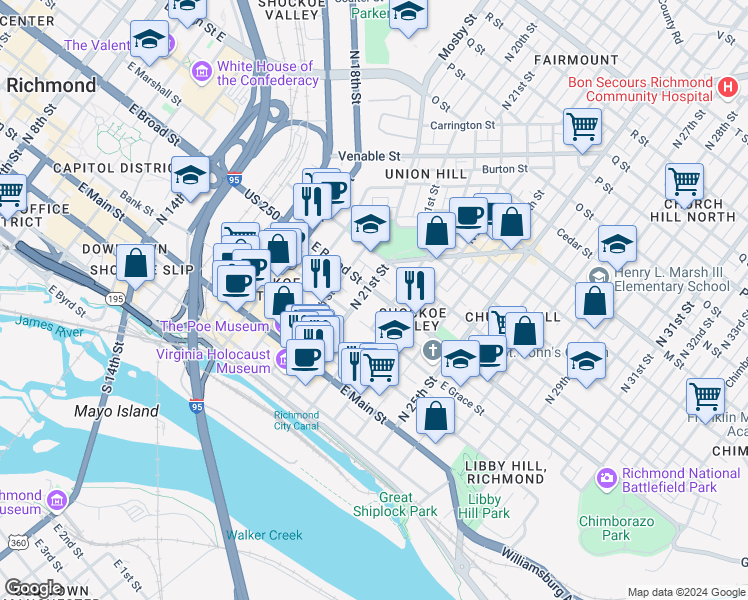 map of restaurants, bars, coffee shops, grocery stores, and more near 2109 East Broad Street in Richmond