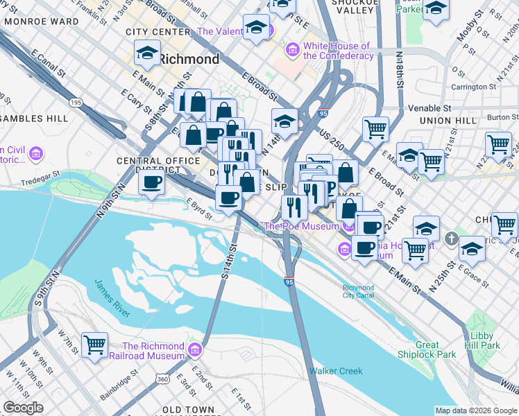 map of restaurants, bars, coffee shops, grocery stores, and more near 115 South 15th Street in Richmond